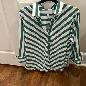 Chicos no iron green and white striped button down shirt with cuffed sleeves XL